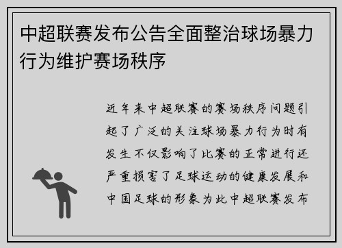 中超联赛发布公告全面整治球场暴力行为维护赛场秩序 中超联赛发布公告全面整治球场暴力行为维护赛场秩序