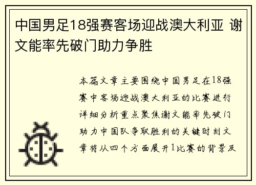 中国男足18强赛客场迎战澳大利亚 谢文能率先破门助力争胜 中国男足18强赛客场迎战澳大利亚 谢文能率先破门助力争胜