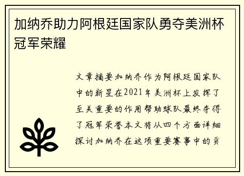 加纳乔助力阿根廷国家队勇夺美洲杯冠军荣耀 加纳乔助力阿根廷国家队勇夺美洲杯冠军荣耀