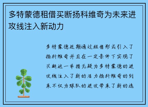 多特蒙德租借买断扬科维奇为未来进攻线注入新动力 多特蒙德租借买断扬科维奇为未来进攻线注入新动力