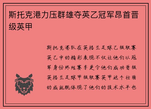 斯托克港力压群雄夺英乙冠军昂首晋级英甲