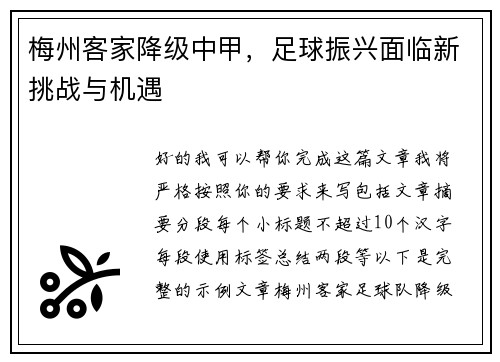 梅州客家降级中甲,足球振兴面临新挑战与机遇 梅州客家降级中甲,足球振兴面临新挑战与机遇